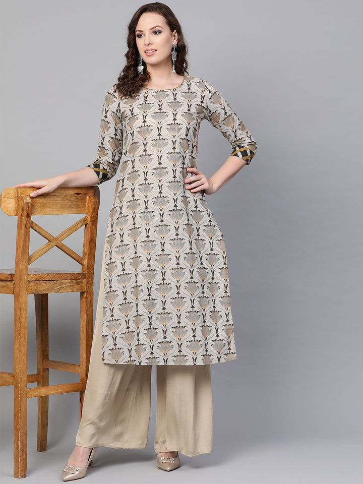 SOJANYA Wanita Grey & Black Foil Print A-Line Kurta