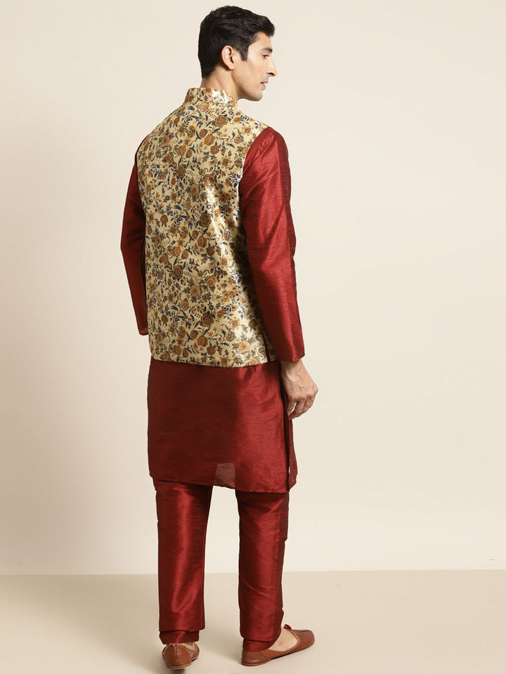 SOJANYA Men Maroon & Beige Kurta with Churidar & Printed Nehru Jacket