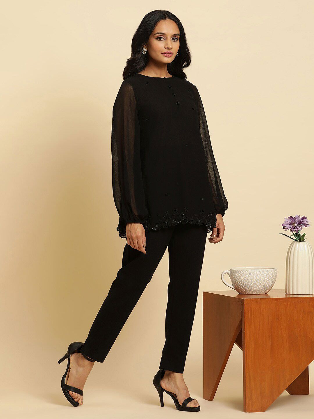 W Black Floral Embroidered Sequinned Longline Top