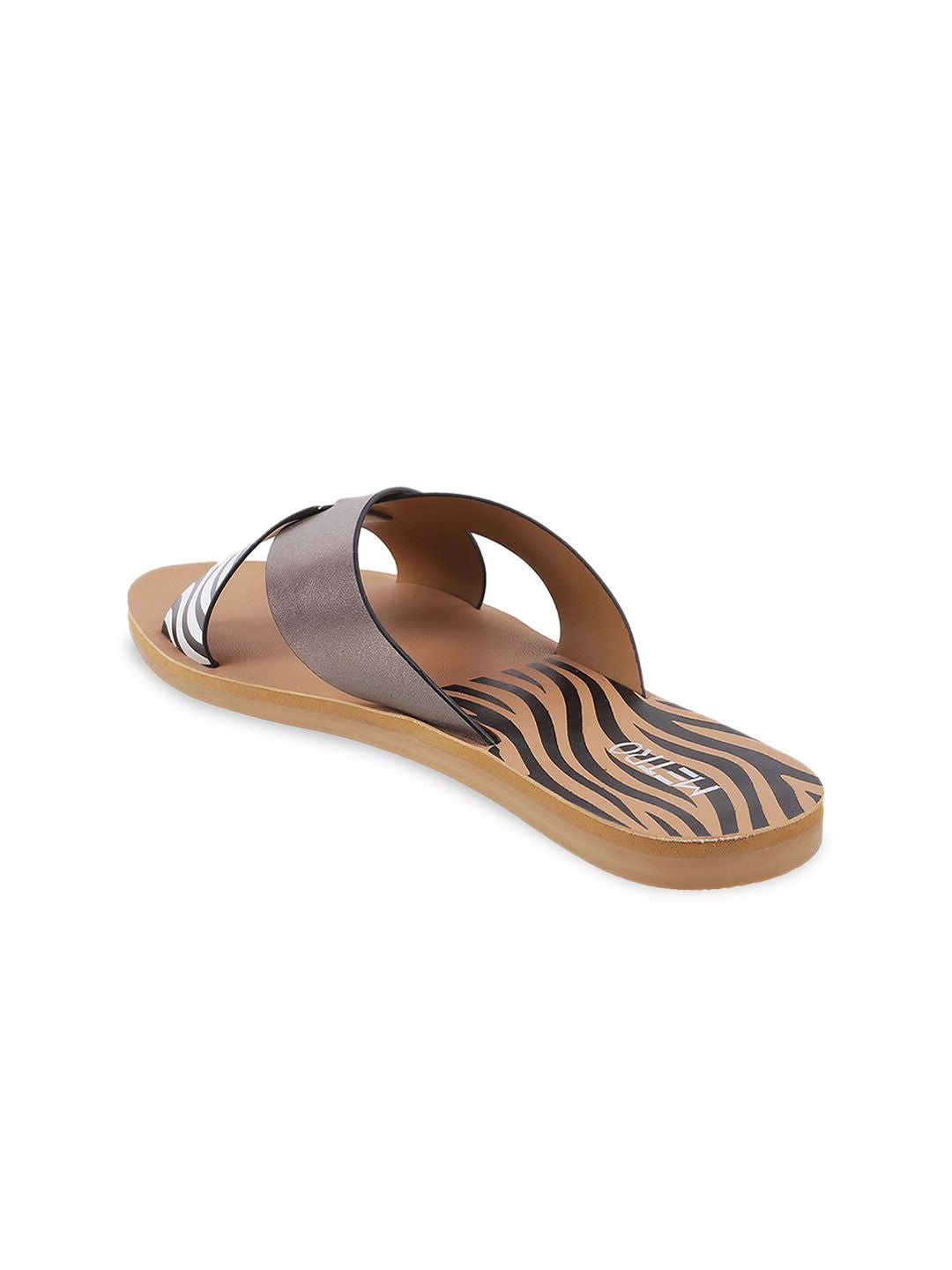 Metro Women Grey Striped Open Toe Flats with Laser Cuts