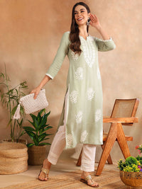 KALINI Floral Embroidered Notch Neck Chikankari Straight Kurta