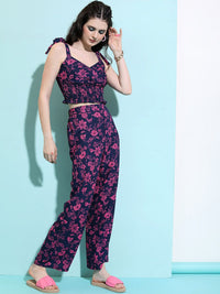 Navy-Blue and Pink Floral Printed Co-Ords
