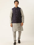SOJANYA Men Grey & Navy Blue Self-Design Kurta with Churidar & Nehru Jacket