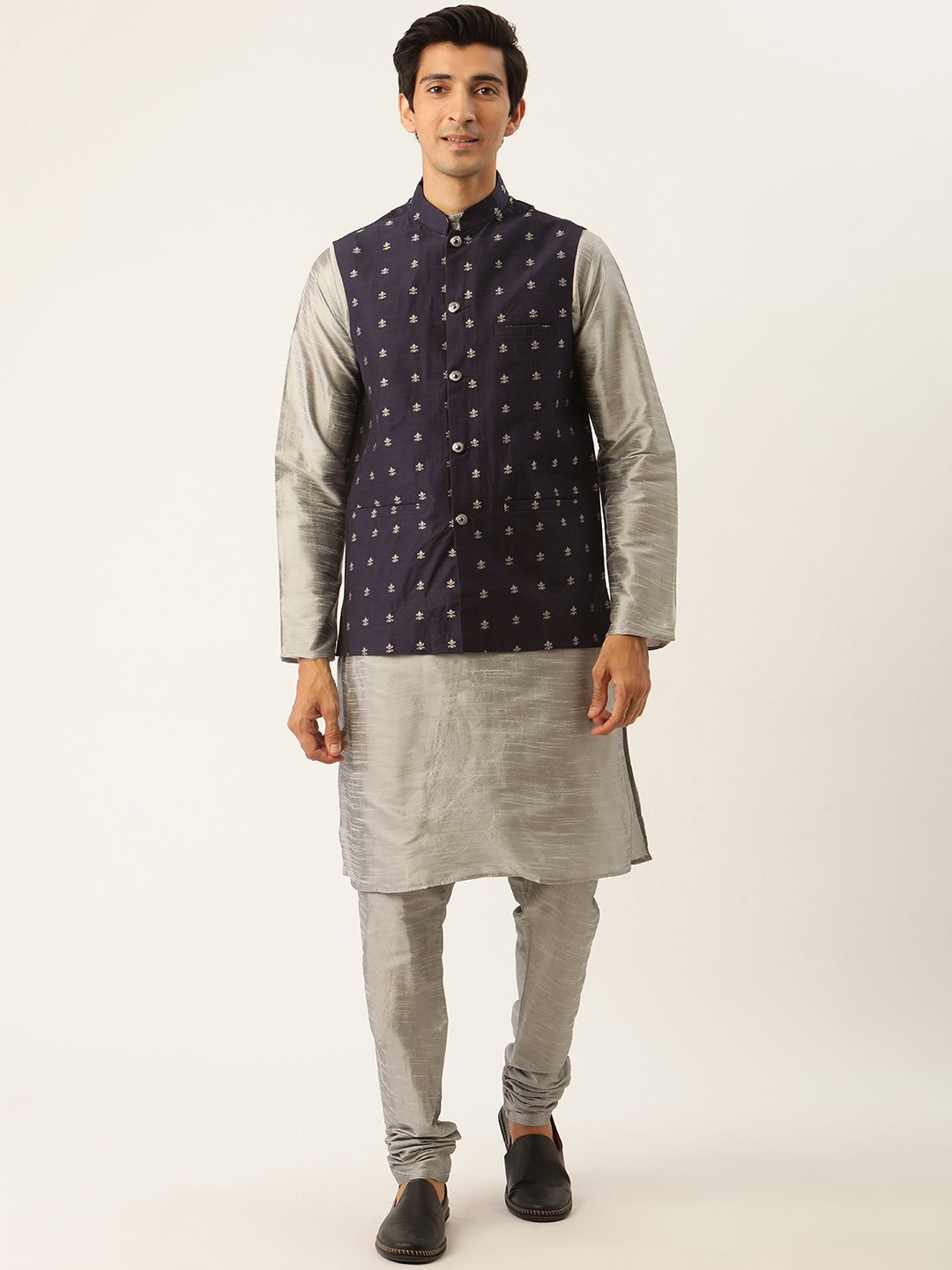 SOJANYA Men Grey & Navy Blue Self-Design Kurta with Churidar & Nehru Jacket