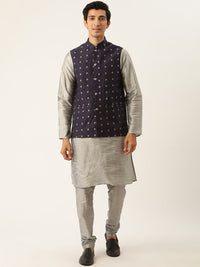 SOJANYA Men Grey & Navy Blue Self-Design Kurta with Churidar & Nehru Jacket