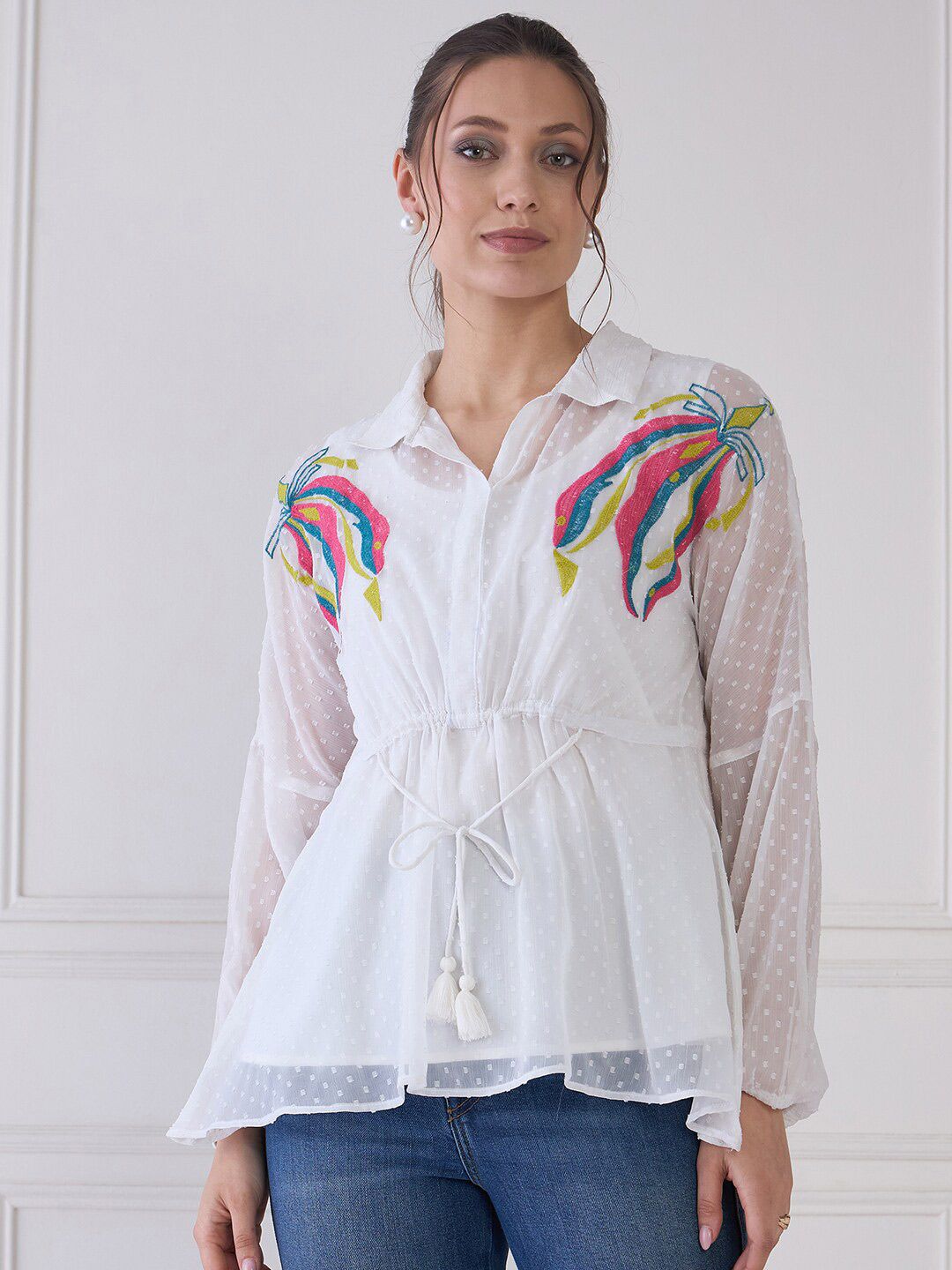 Antheaa Striped Puff Sleeve Chiffon Cinched Waist Top
