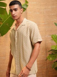 HIGHLANDER Men Dobby Textured Solid Cuban Collar Relaxed Shirt