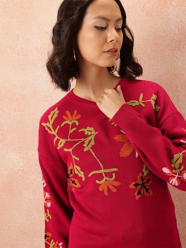 Semua Mengenai Anda Pullover Akrilik Tulen Sulaman Floral
