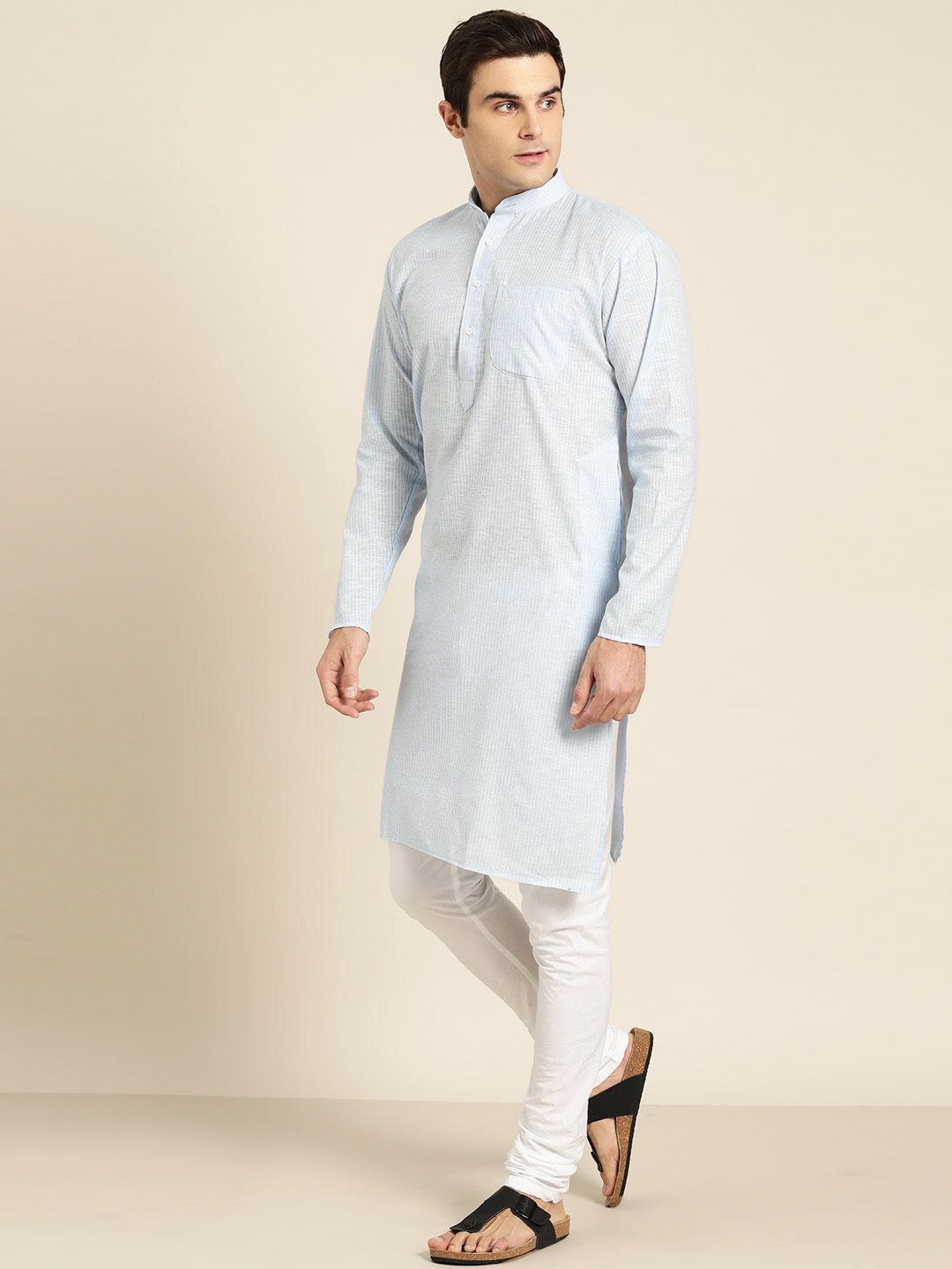 SOJANYA Men Blue & White Striped Straight Kurta