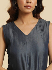 W V-Neck Denim A-Line Midi Dress