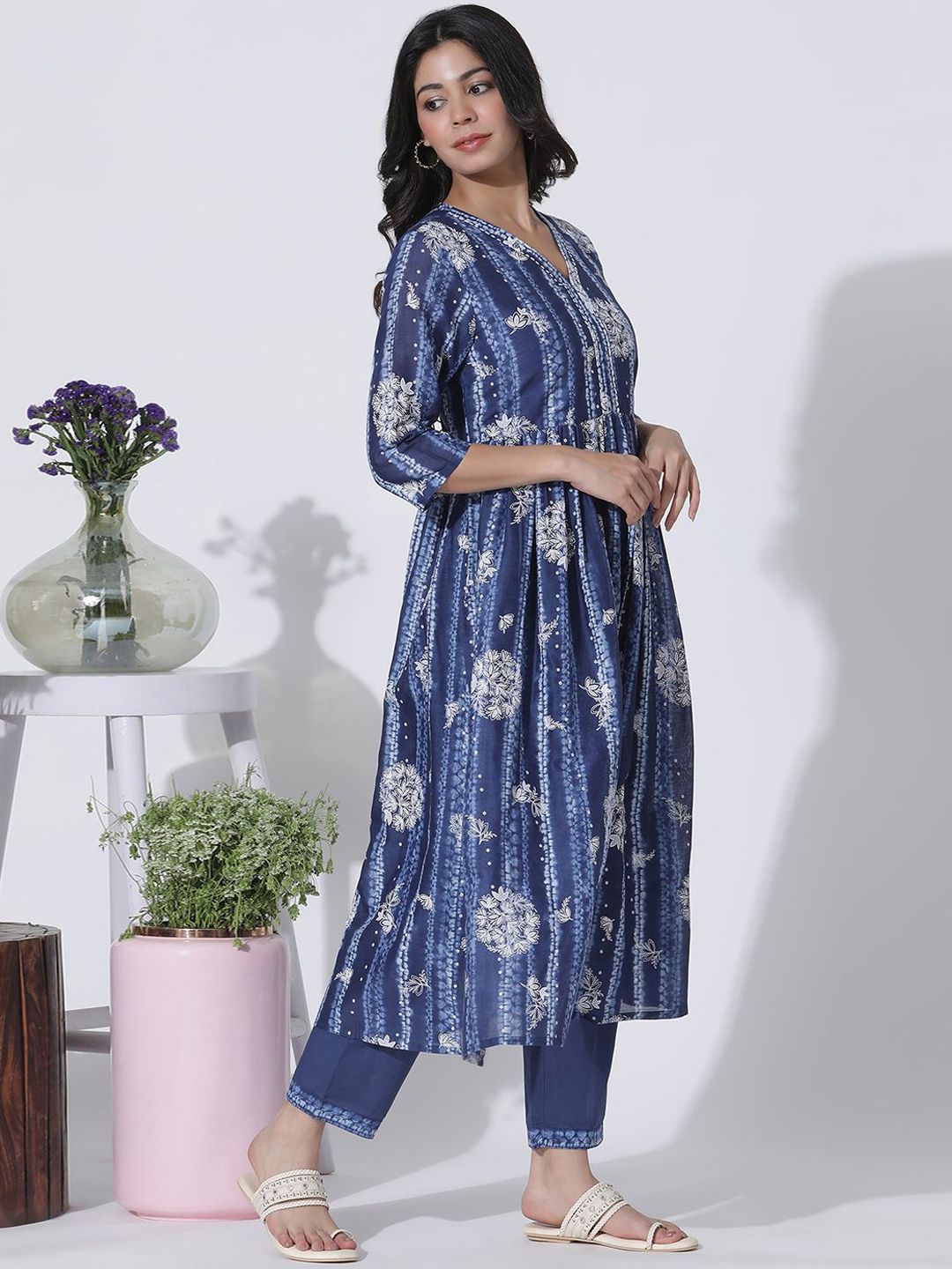 W Floral Printed Thread Work Pure Cotton Anarkali Kurta with Trousers