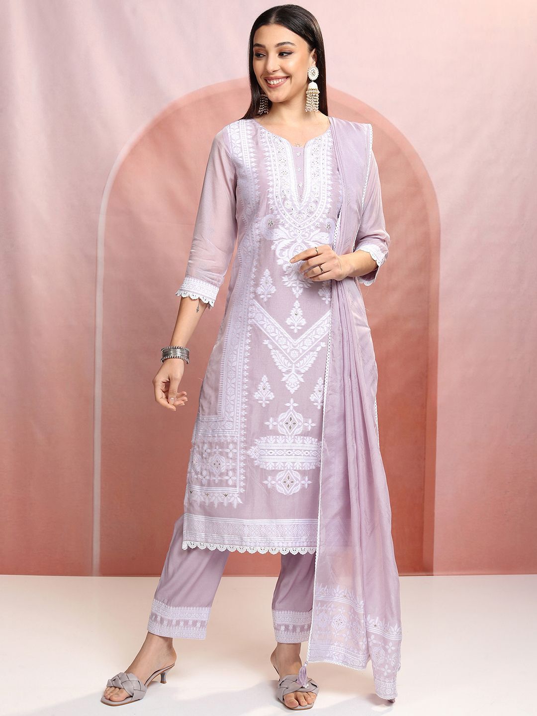 Vishudh Purple Floral Embroidered Mirror Work Straight Kurta With Trousers & Dupatta