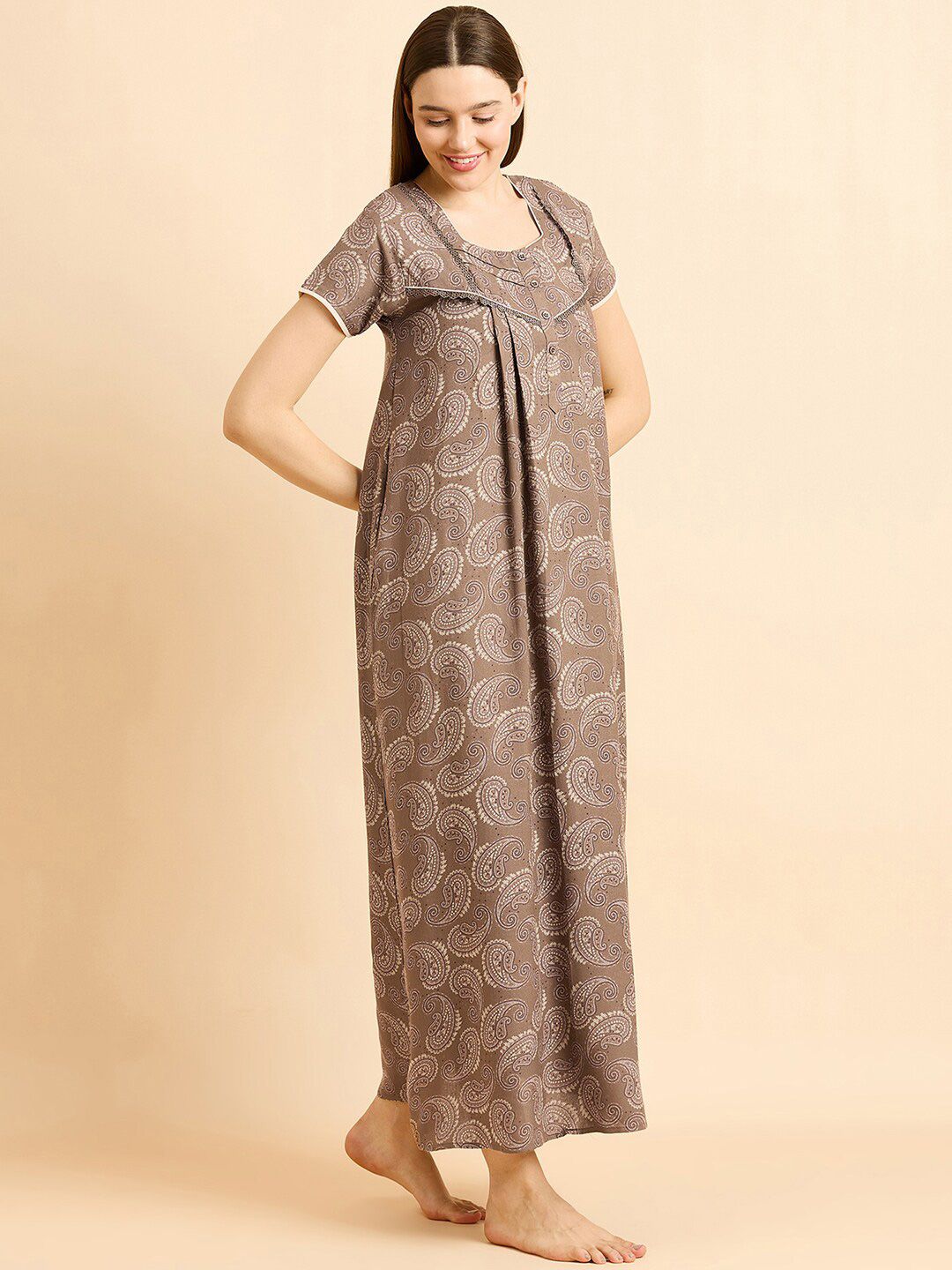 Sweet Dreams Brown Ethnic Motifs Printed Pure Cotton Maxi Nightdress
