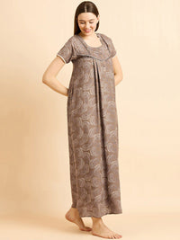 Sweet Dreams Brown Ethnic Motifs Printed Pure Cotton Maxi Nightdress