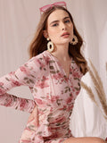STREET 9 V Neck Floral Print Long Sleeve Wrap Dress