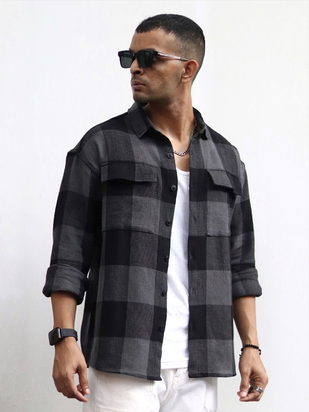 Powerlook Black India Slim Oversized Buffalo Checks Opaque Pure Cotton Casual Shacket