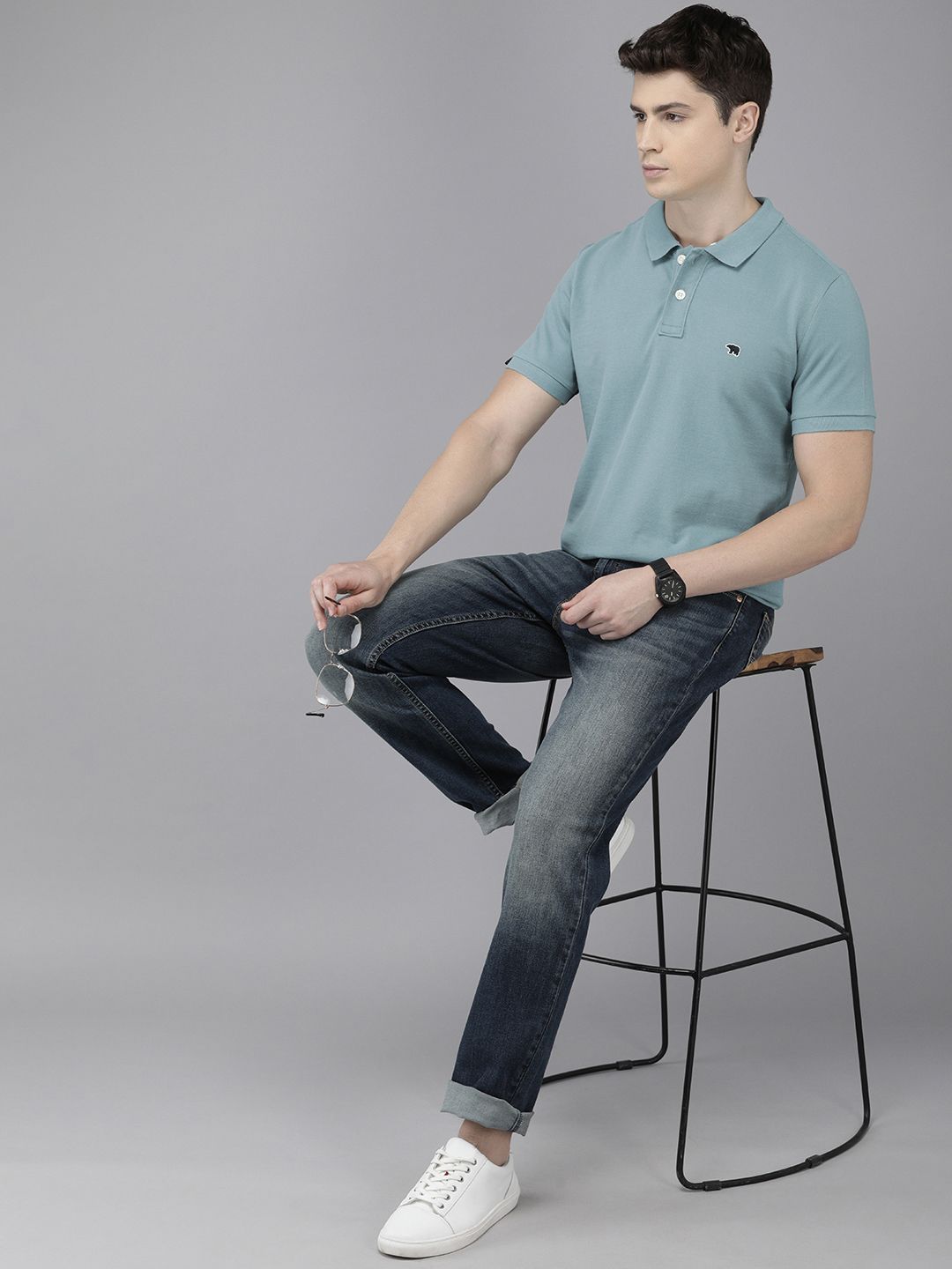 THE BEAR HOUSE Men Teal Polo Collar Slim Fit T-shirt