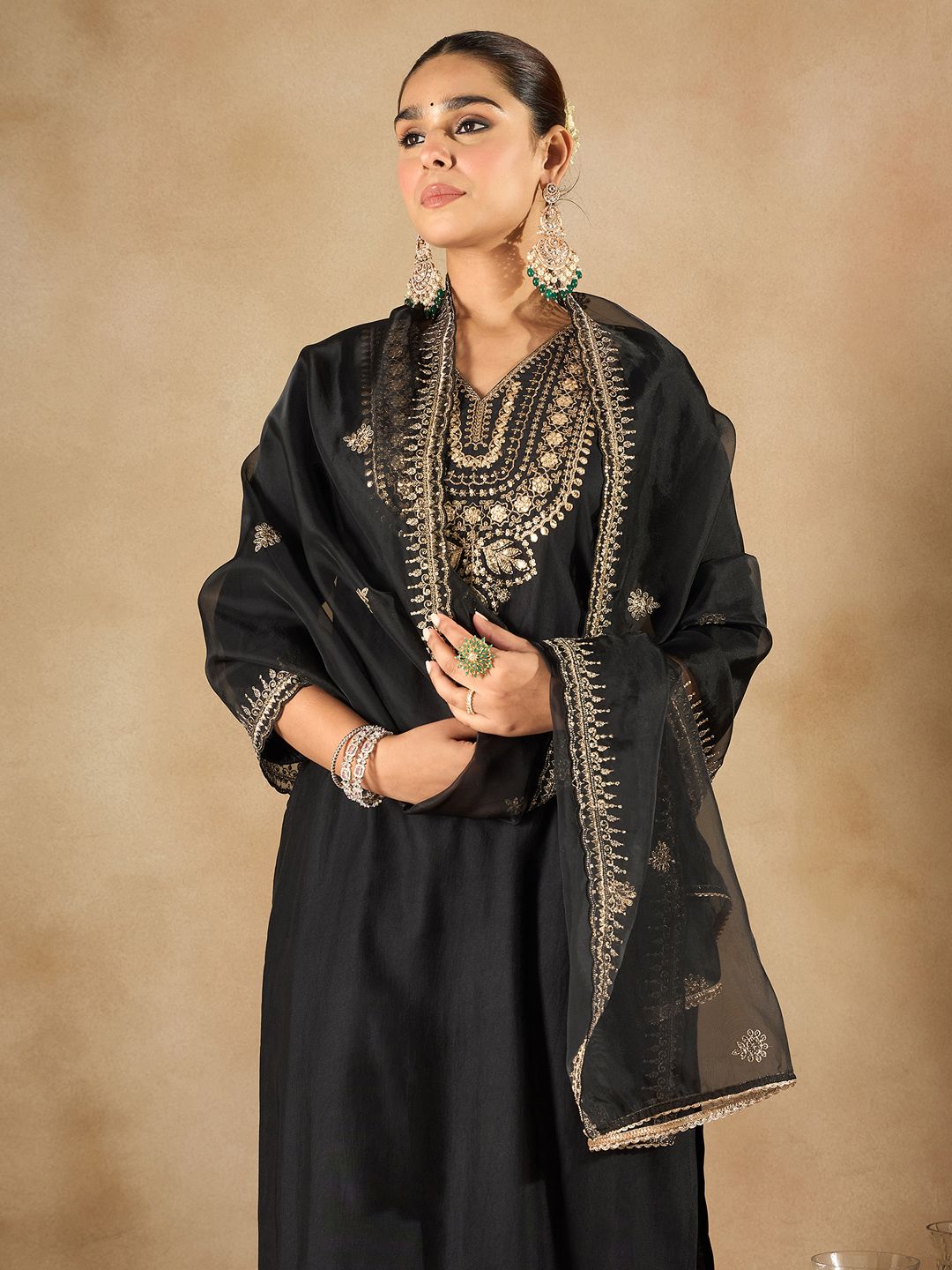 Indo Era Women Ethnic Motifs Embroidered Regular Liva Kurta with Trousers & With Dupatta