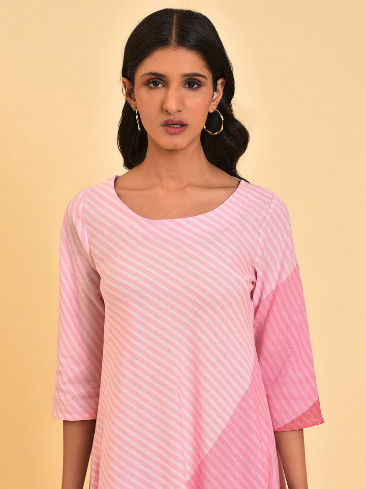 W Pink & Peach Coloured Colourblocked A Line Pure Cotton Midi Dress