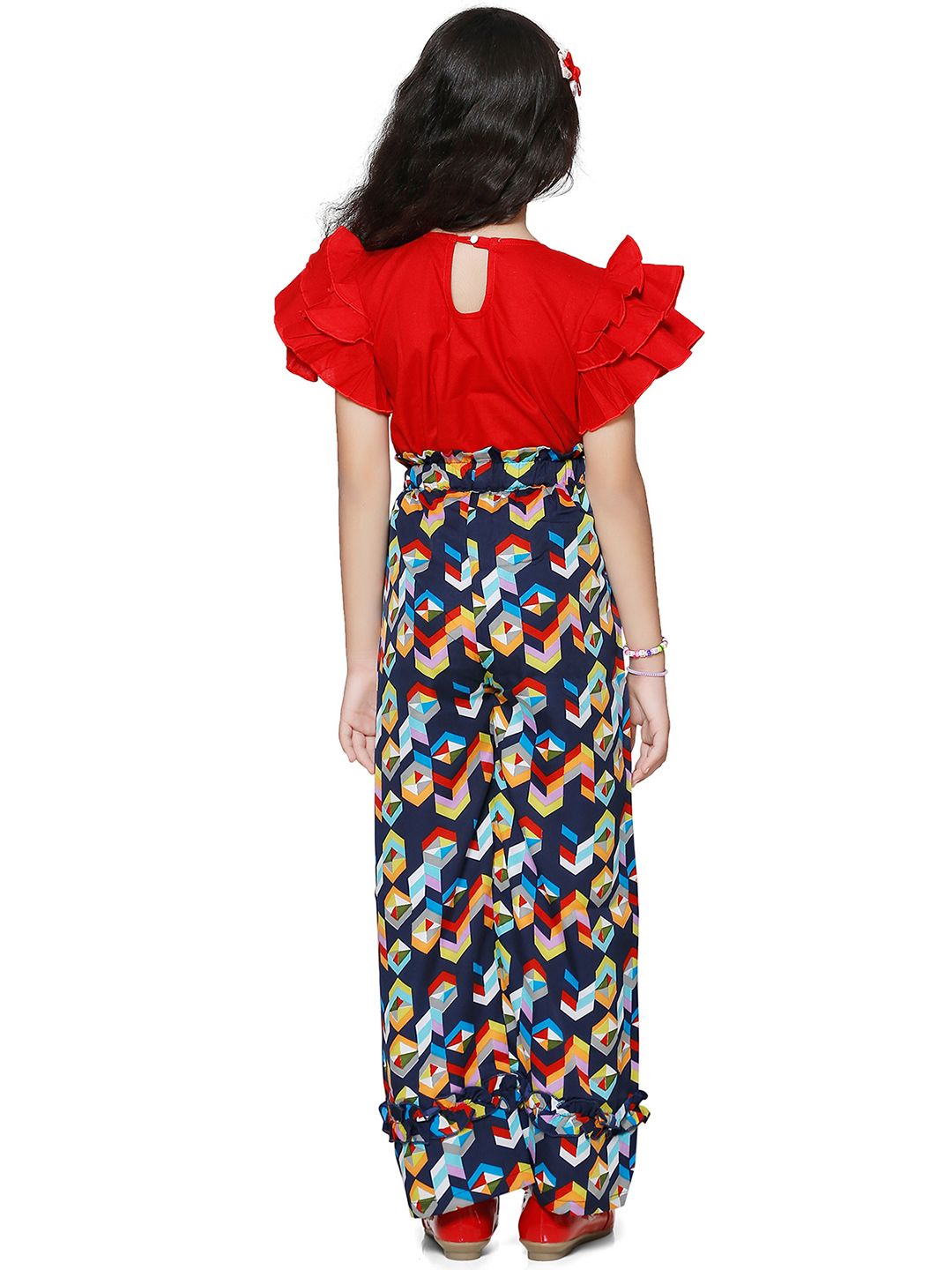 Cutiekins Girls Red & Navy Blue Printed Top With Palazzos