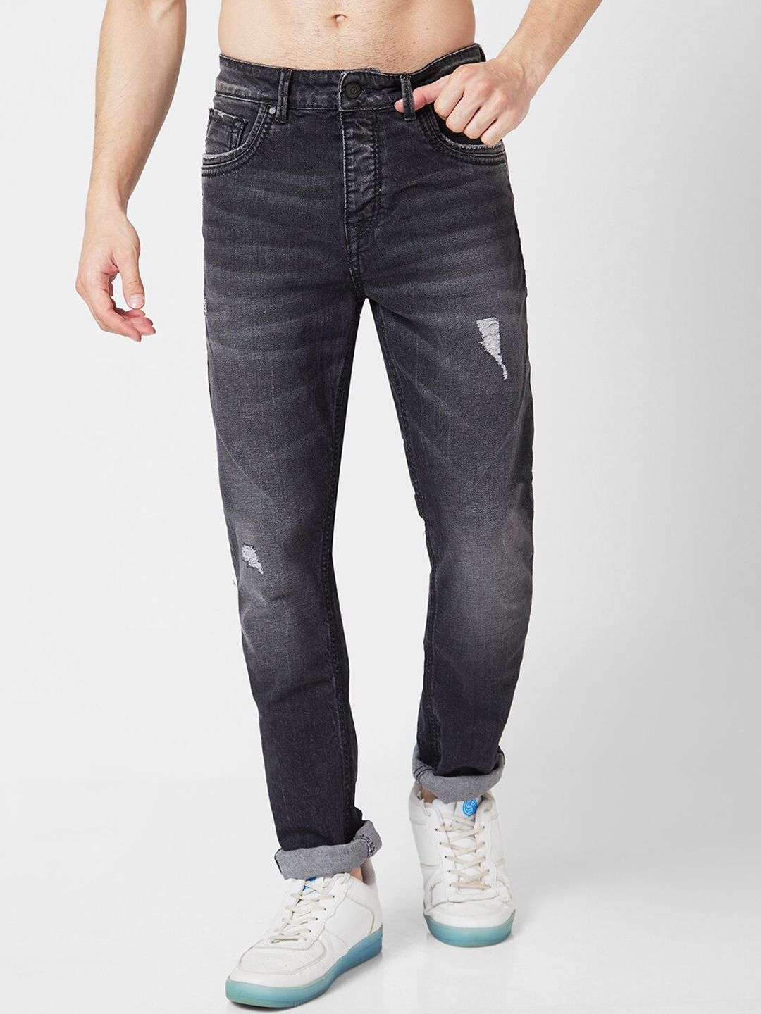 SPYKAR Men Regular Fit Mid-Rise Low Distress Light Fade Cotton Jeans