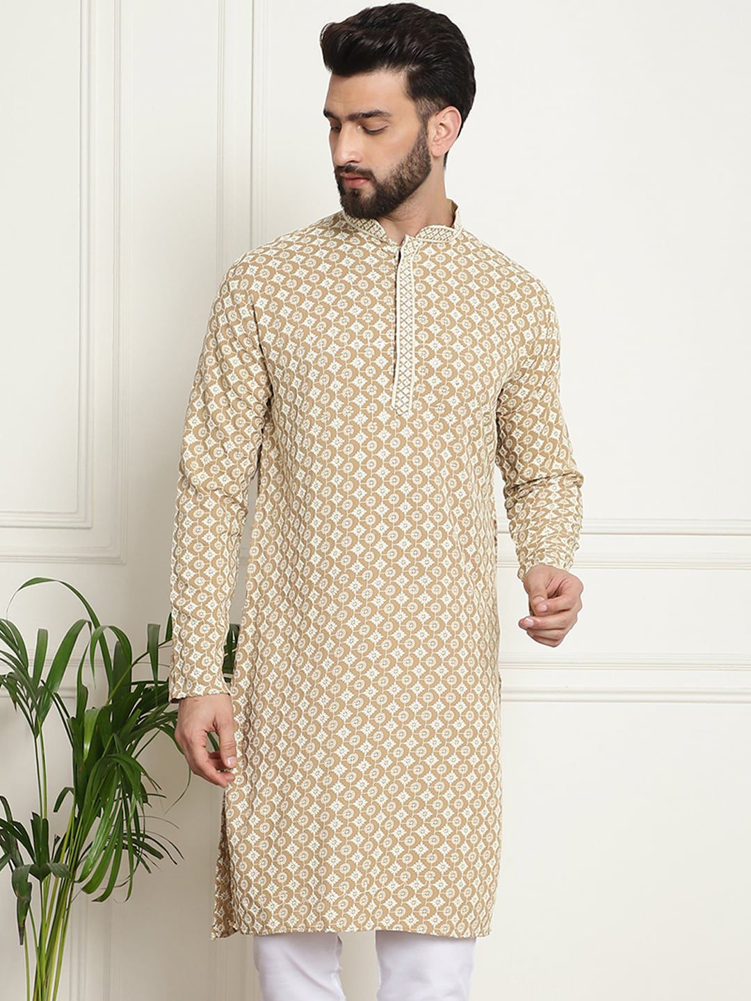 SOJANYA Motif Etnik Sulam Kurta Kapas Tulen