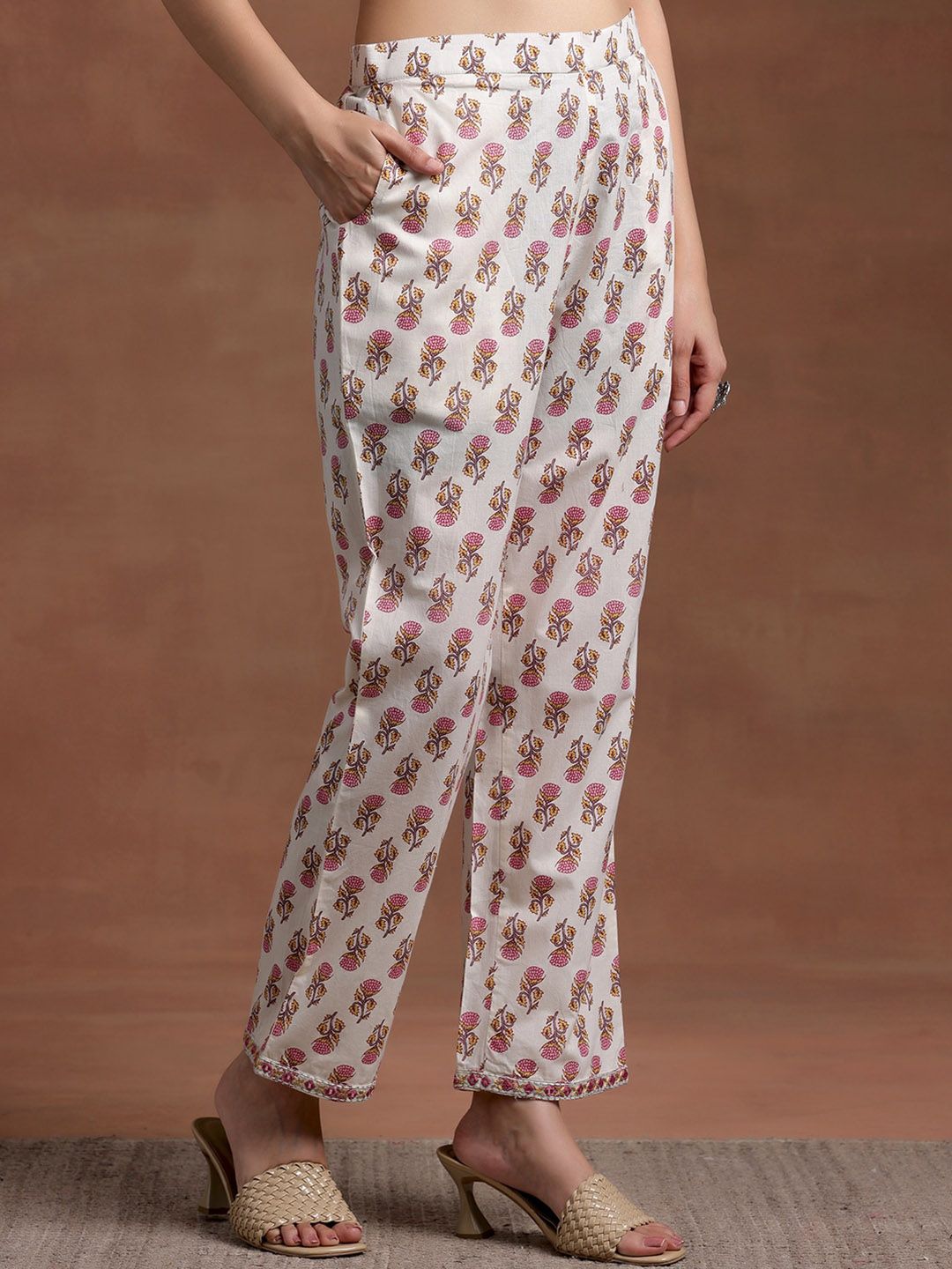 Libas Floral Printed Tiered Mirror Work Pure Cotton Kurta with Palazzos & With Dupatta
