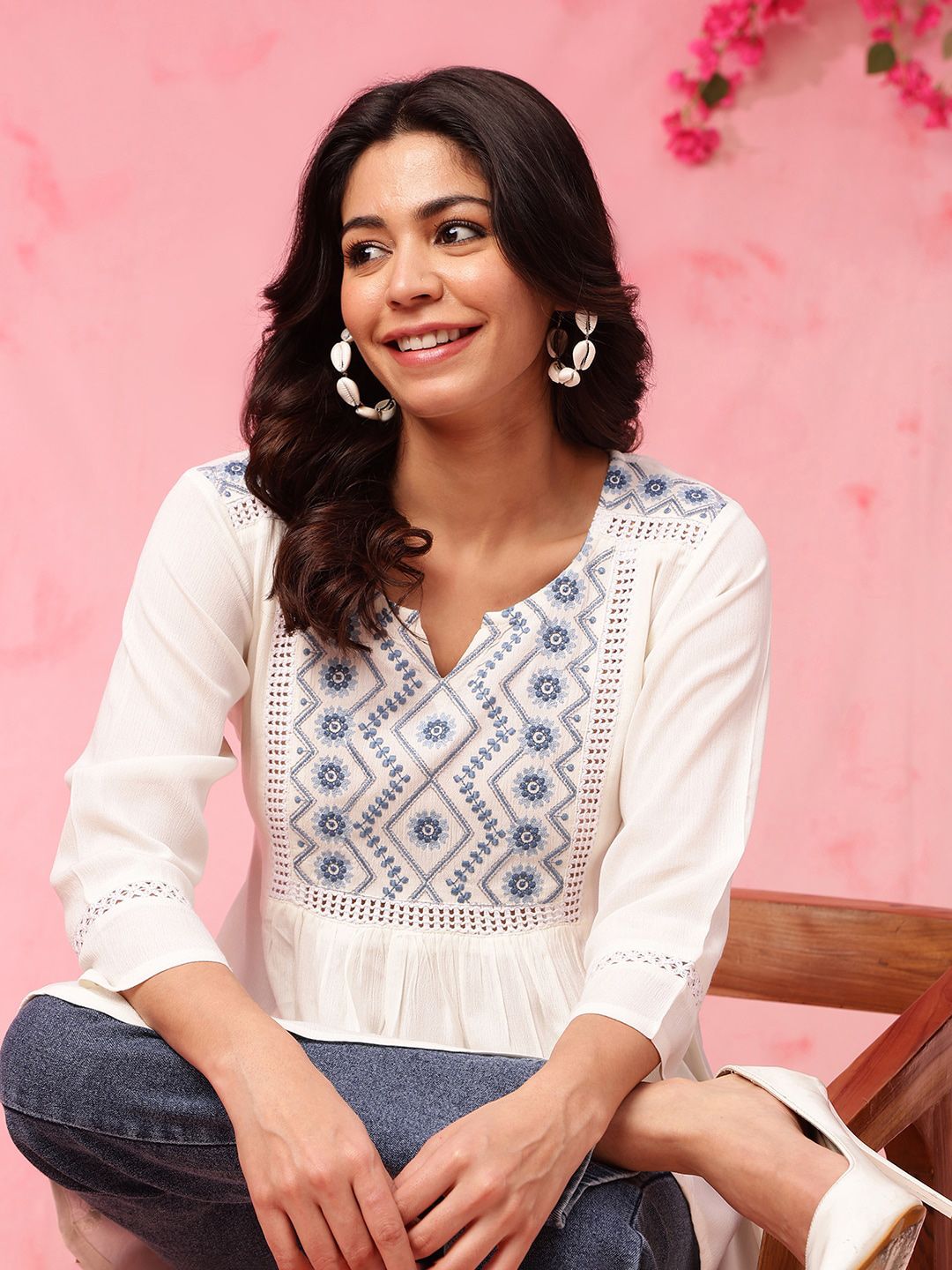 Anouk Ethnic Motifs Yoke Design Thread Work A-Line Short Kurti