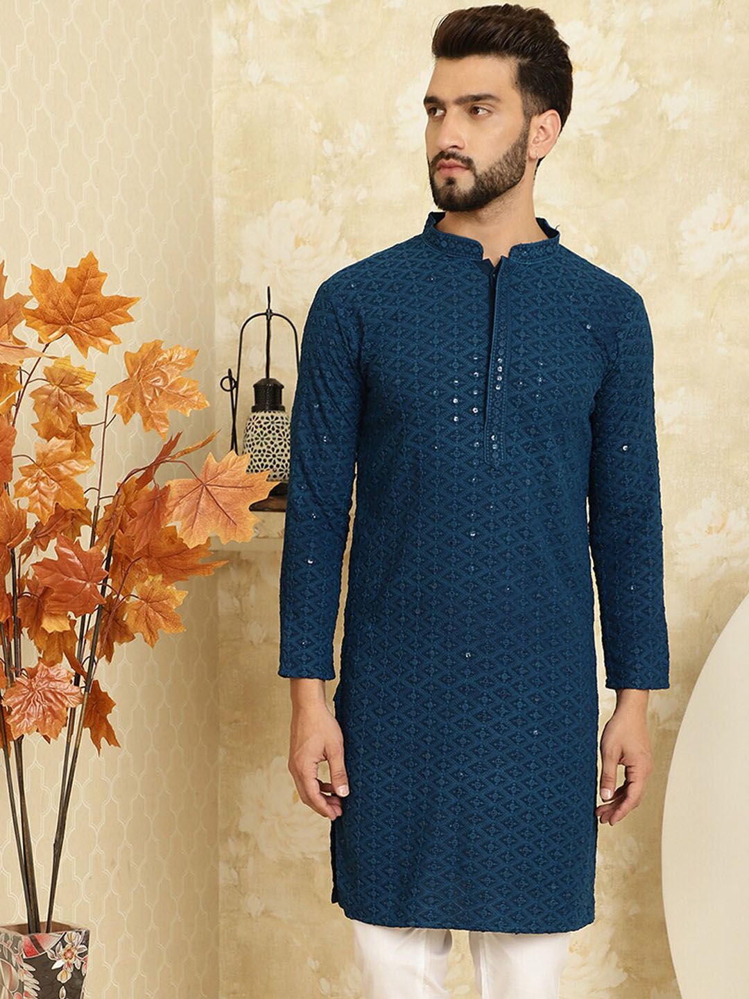 SOJANYA Sulam Labuci Mandarin Kolar Kapas Tulen Kurta