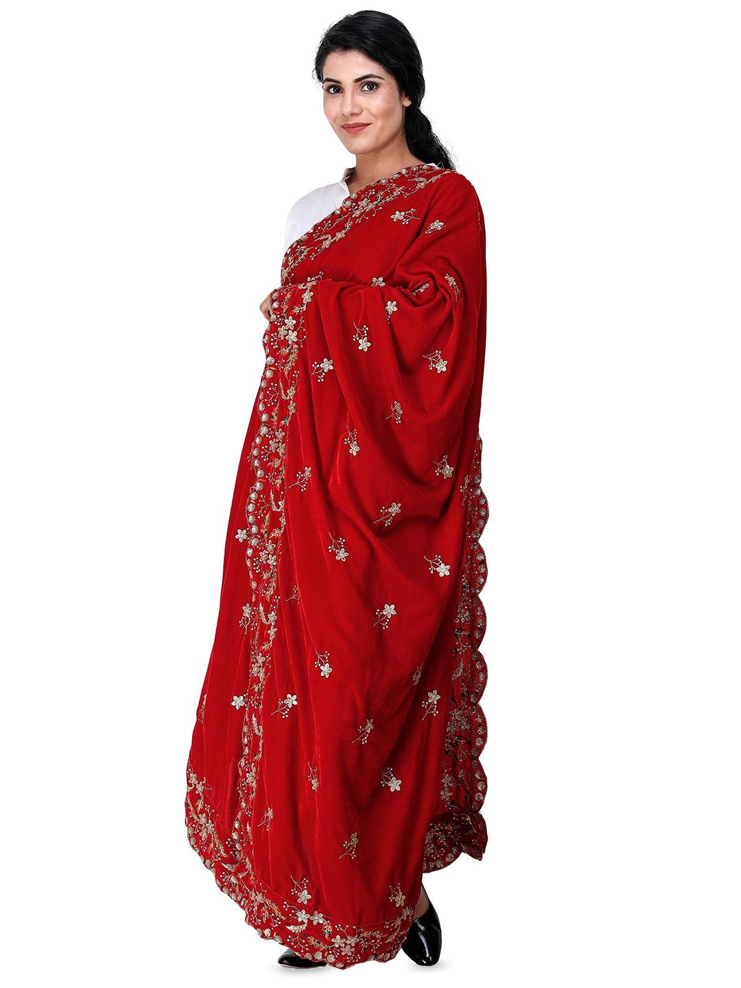 Exotic India Garnet Velvet Dupatta with Embroidered Flowers and Sequins