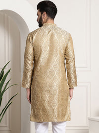 Sojanya Men Beige & Golden Ethnic Motifs Jacquard Kurta