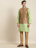 SOJANYA Men Green & Beige Kurta with Churidar & Nehru Jacket