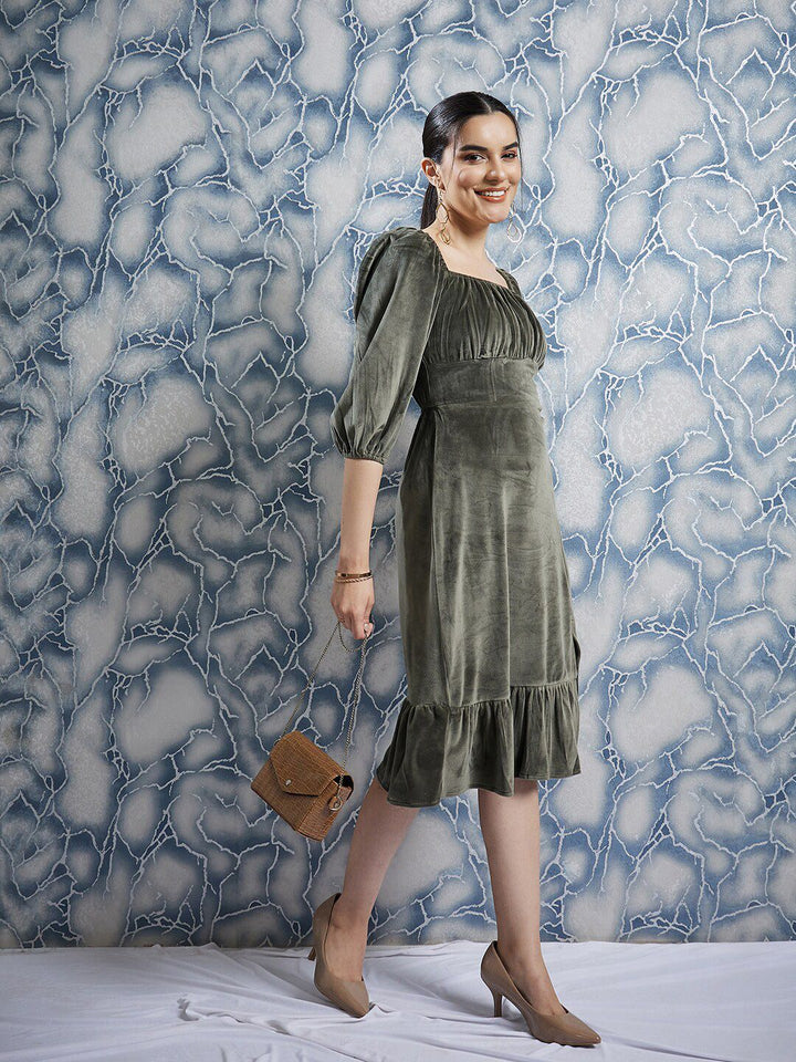 Athena Olive Green Square Neck Puff Sleeves Gathered Detailed Midi Sheath Dress