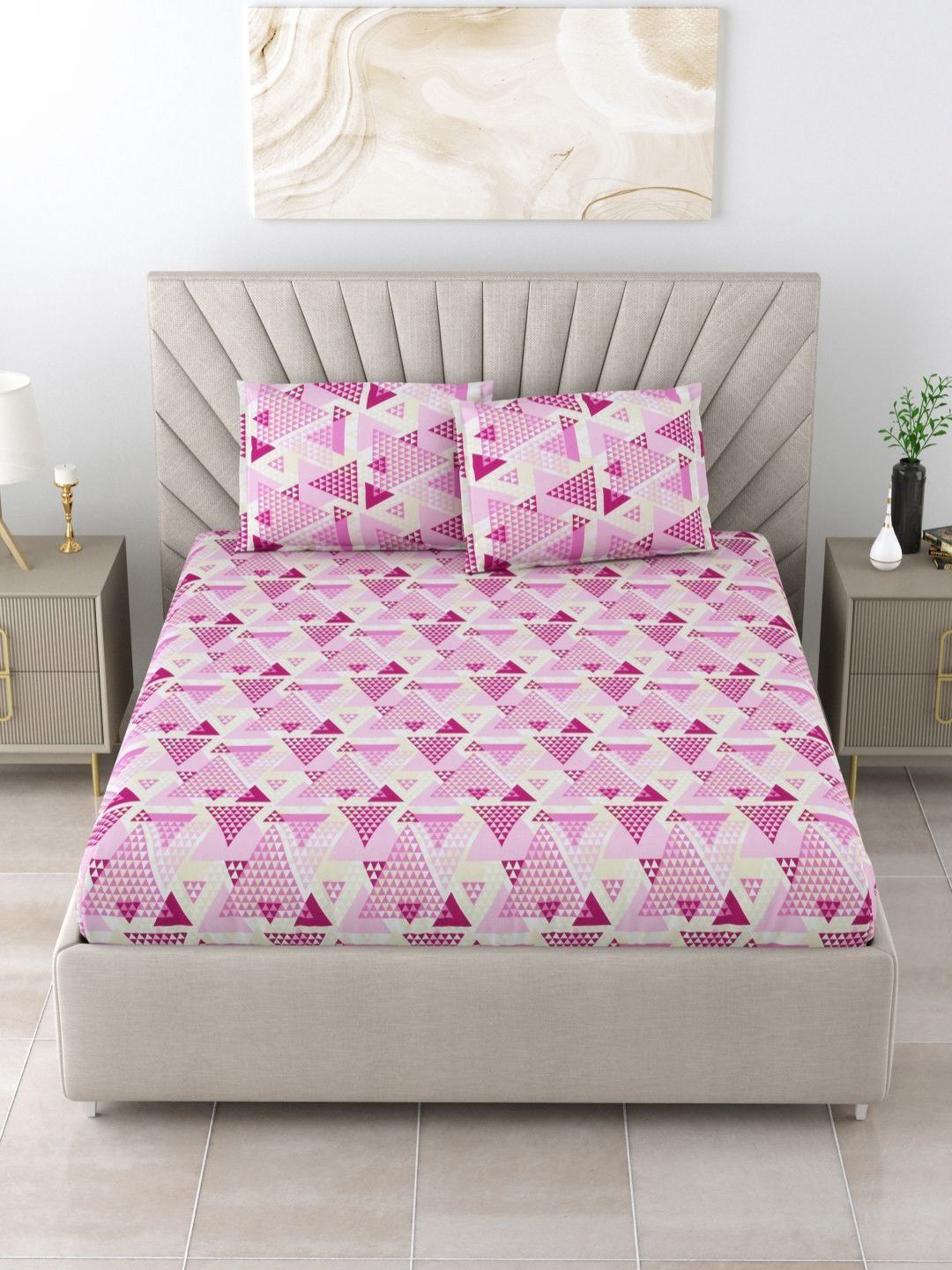 BOMBAY DYEING Epigram Pink Printed Pure Cotton 120 TC Queen Bedsheet Set 2.24 m X 2.54 m