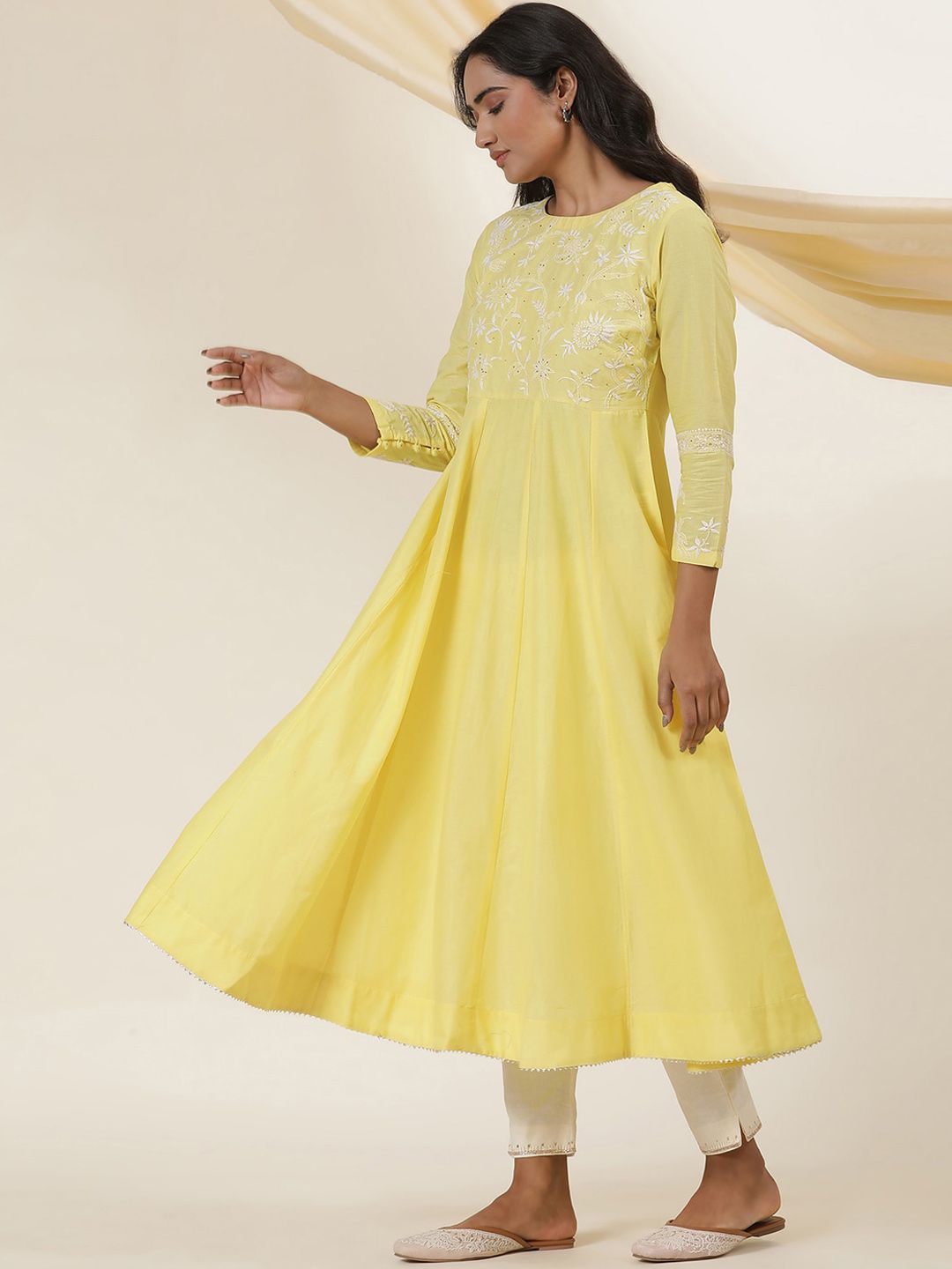 W Yellow Floral Embroidered Thread Work Cotton Empire Anarkali Kurta