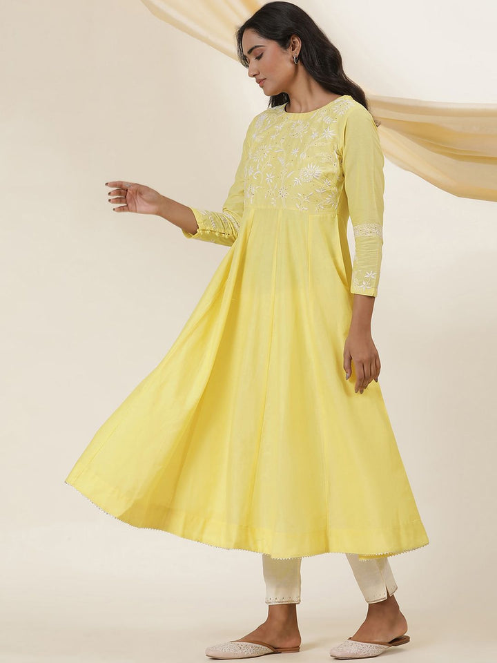 W Yellow Floral Embroidered Thread Work Cotton Empire Anarkali Kurta