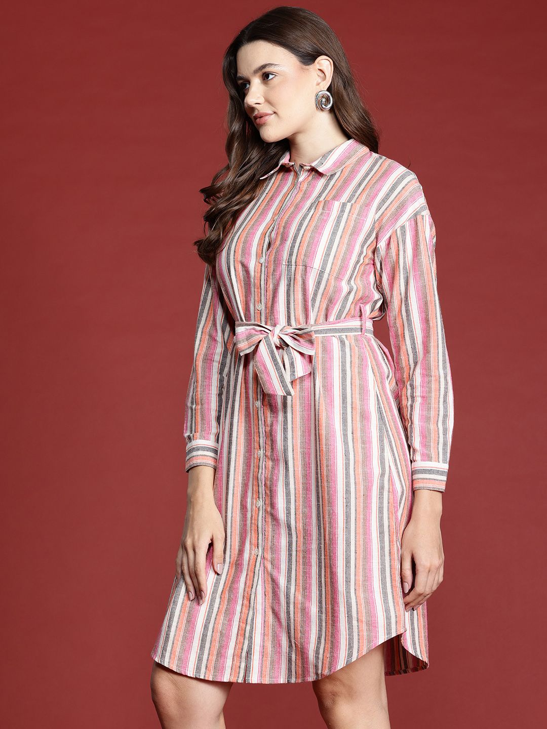 all about you Pure Cotton Striped Shirt Dress with Belt
