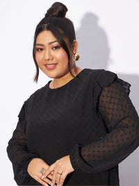 SASSAFRAS Curve Plus Size Self Design Puff Sleeves Ruffles Top