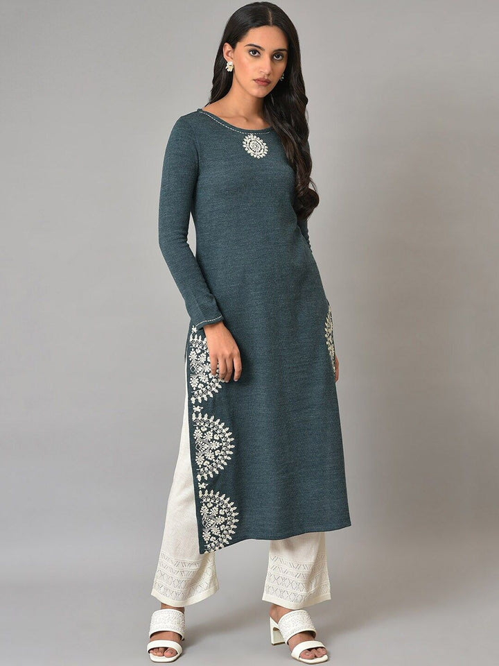 W Thread Work Round Neck Acrylic Straight Kurta