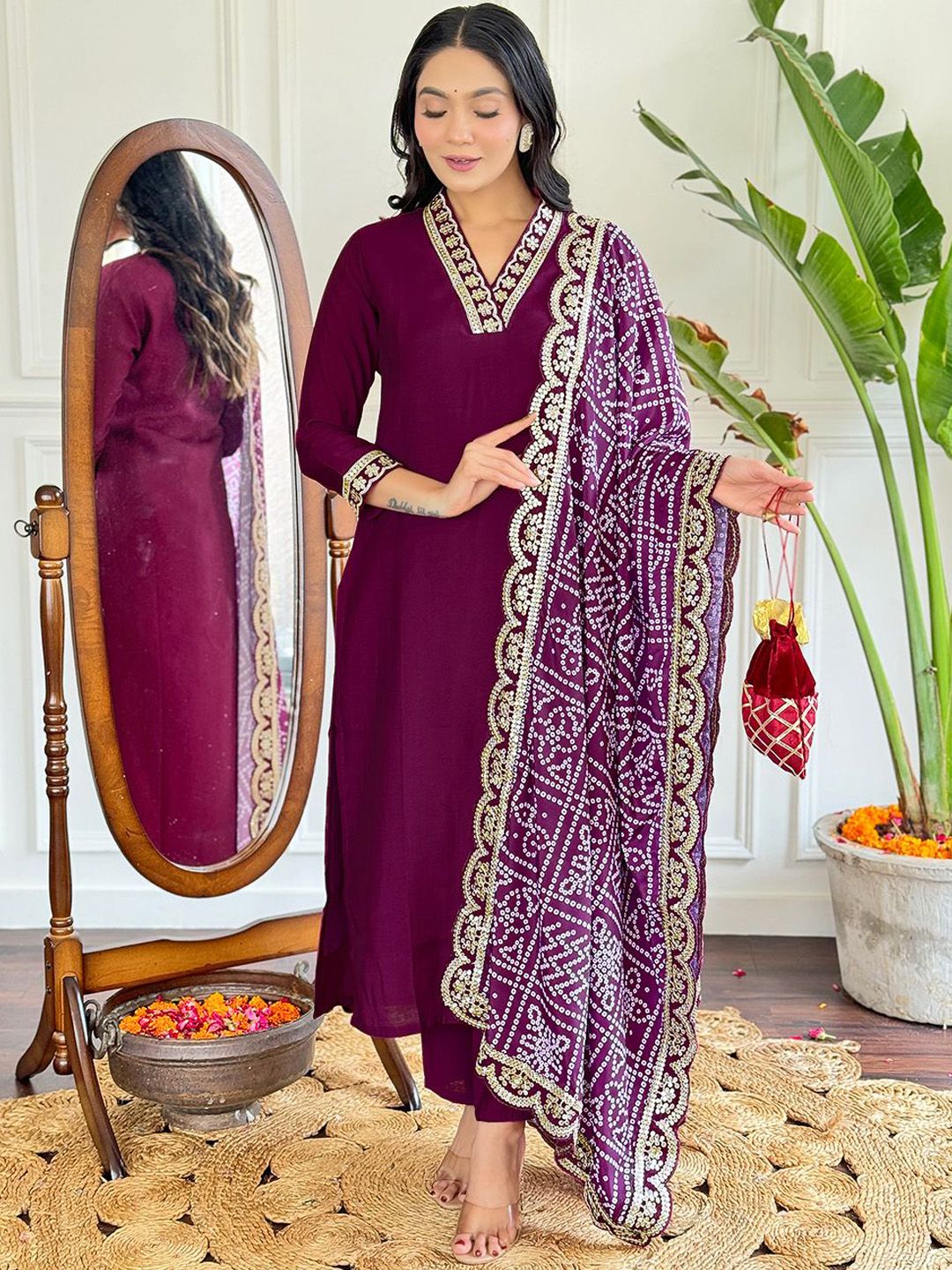 KALINI V-Neck Yoke Design Sequinned Straight Kurta with Trouser & Dupatta
