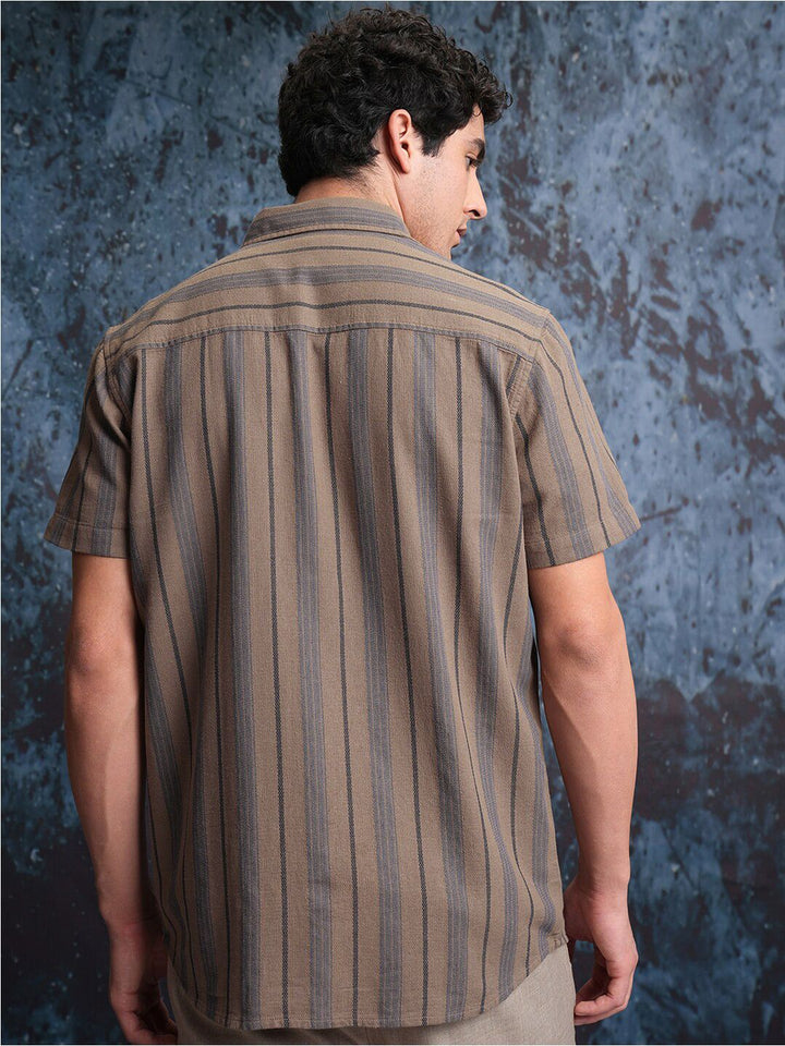 Locomotive Men Brown Mock Lino Dobby Textured Striped Utility Pocket Regular Shirt