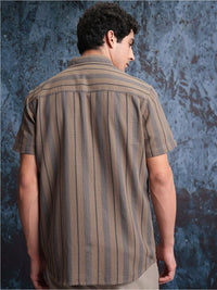 Locomotive Men Brown Mock Lino Dobby Textured Striped Utility Pocket Regular Shirt