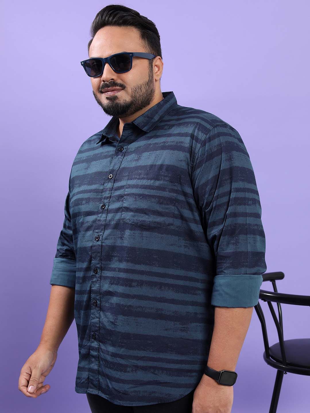 HIGHLANDER Plus Size Horizontal Striped Cotton Casual Shirt