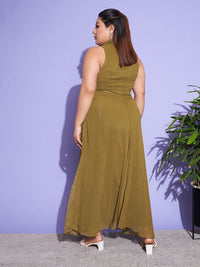 SASSAFRAS Curve Green Plus Size Cuban Collar Sleeveless Maxi Dress