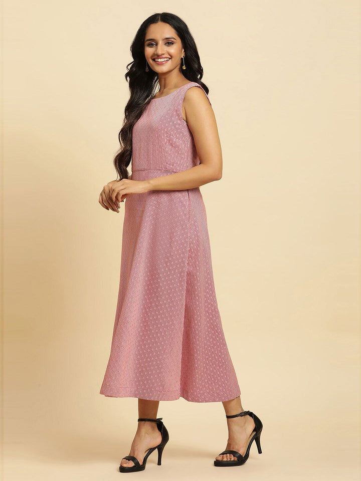 W Pink Round Neck Striped Cotton A-Line Midi Dress
