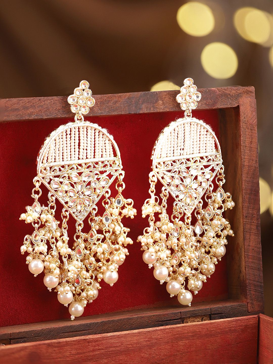Rubans 18K Gold Plated Kundan Work and Off-White Pearl Beaded Big Chandelier Earrings