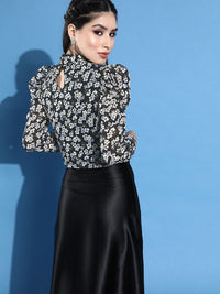 STREET 9 Black Floral Print Chiffon Blouson Top