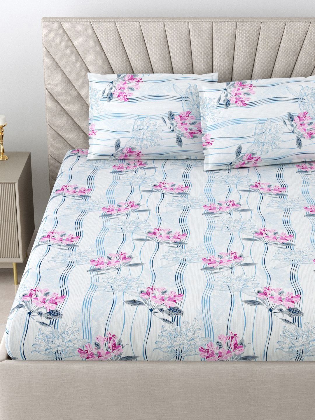 BOMBAY DYEING Pink & Blue Floral Pure Cotton 120 TC Queen Bedsheet Set 2.24 x 2.54 Mts
