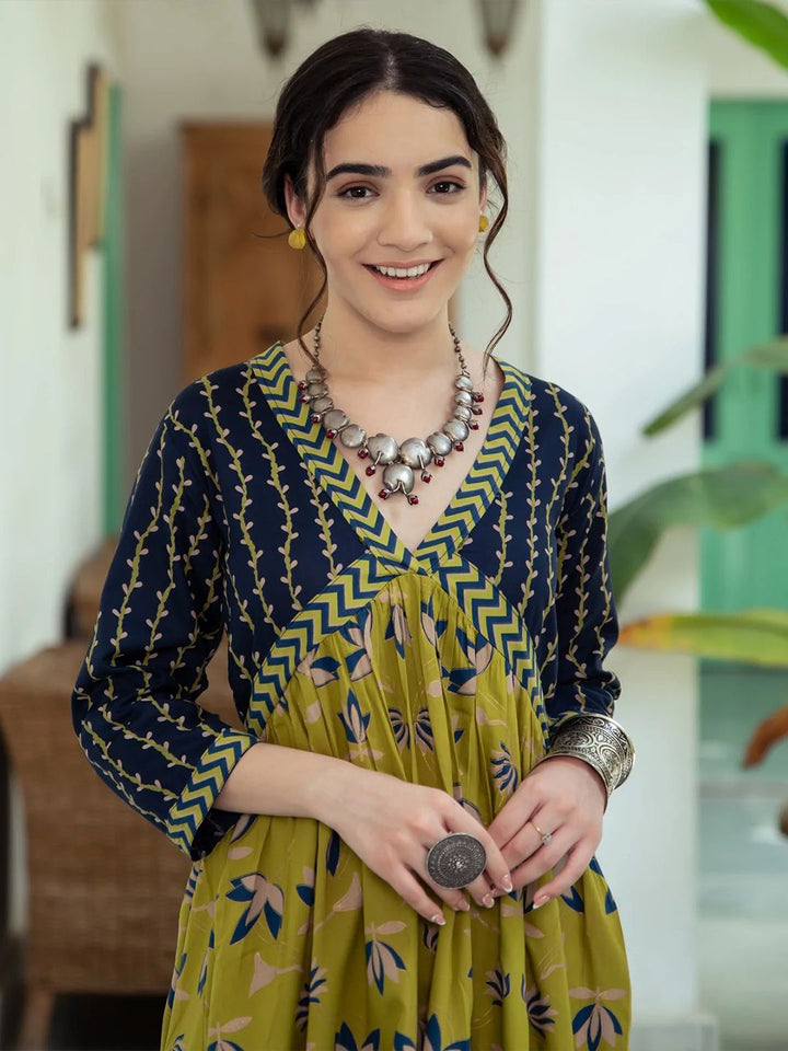 Rustorange Olive Green Floral Maxi Dress