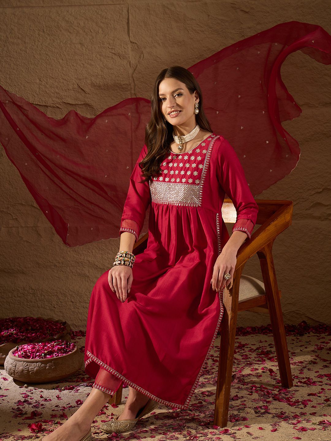 KALINI Floral Yoke Design Regular Sequinned Kurta with Trousers & With Dupatta